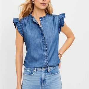 LOFT Petite Chambray Ruffle Top